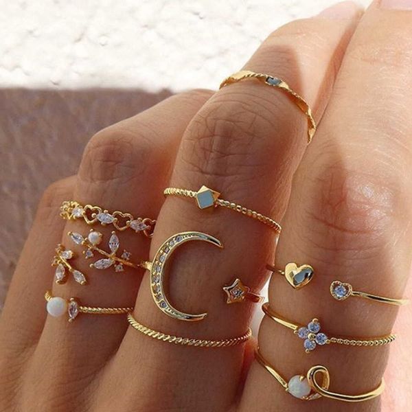 new bohemian fashion star moon ring with diamond love pearl leaves 10 piece set ring, Silver
new bohemian fashion star moon ring with diamond love pearl leaves 10 piece set ring, Silver