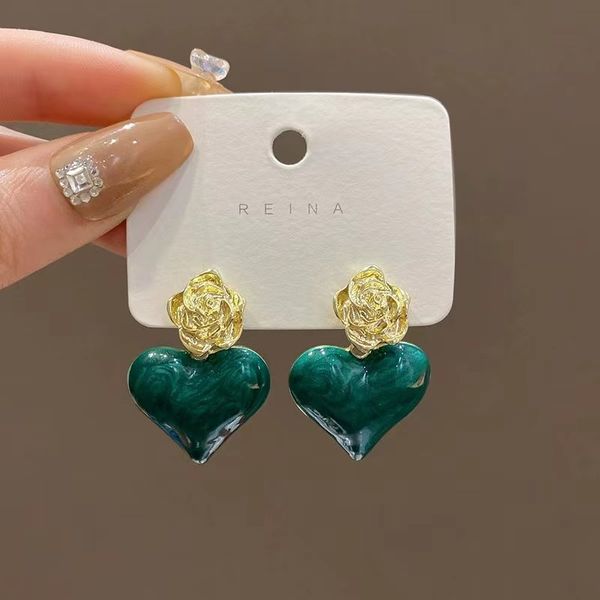 french design sense green love earrings temperament elegant super fairy rose drop oil texture earrings s925 silver needle, Golden
french design sense green love earrings temperament elegant super fairy rose drop oil texture earrings s925 silver needle, Golden