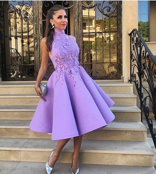 light purple high neck homecoming dresses sleeveless lace satin tea length short party prom gowns appliques custom made girls evening formal, Blue;pink
light purple high neck homecoming dresses sleeveless lace satin tea length short party prom gowns appliques custom made girls evening formal, Blue;pink