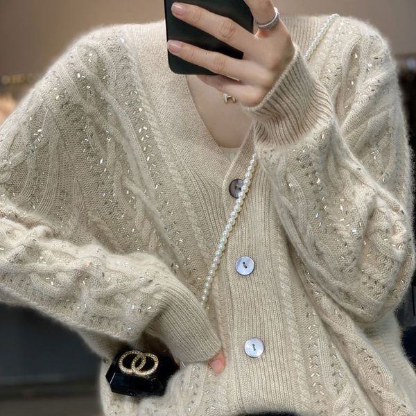 women's knits tees 100 pure cashmere cardigan coat short loose vneck thickened knitted wool brick mounted sweater women 230223, White
women's knits tees 100 pure cashmere cardigan coat short loose vneck thickened knitted wool brick mounted sweater women 230223, White