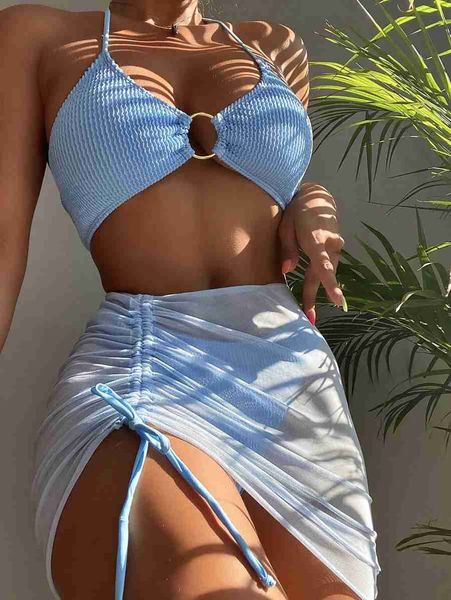 

Thong Swimsuit Sexy Bikini Textured Ring Linked Halter Micro Ribbed 2022 High Waist With Beach 3 Pieces Mesh Skirt, Blue