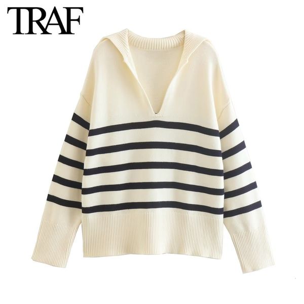 women's sweaters traf women fashion fall winter long sleeve loose cotton pullover polo neck chic female vintage striped knit sweaters, White;black
women's sweaters traf women fashion fall winter long sleeve loose cotton pullover polo neck chic female vintage striped knit sweaters, White;black