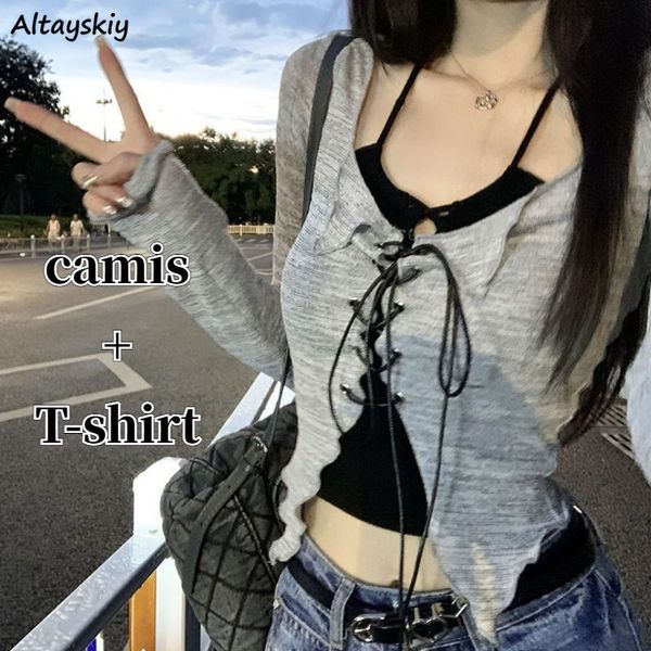 women s two piece pants pieces set sweet crop lace up t shirts halter camis spring slim korean style y2k long sleeve college girls 230224, White
women s two piece pants pieces set sweet crop lace up t shirts halter camis spring slim korean style y2k long sleeve college girls 230224, White