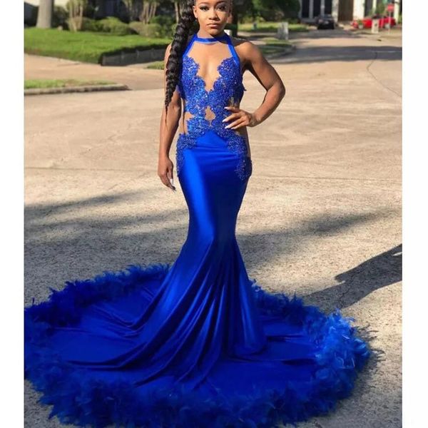 african feather mermaid prom dresses halter backless sleeveless long royal blue engagement dress black girls formal evening gowns lace appli
african feather mermaid prom dresses halter backless sleeveless long royal blue engagement dress black girls formal evening gowns lace appli