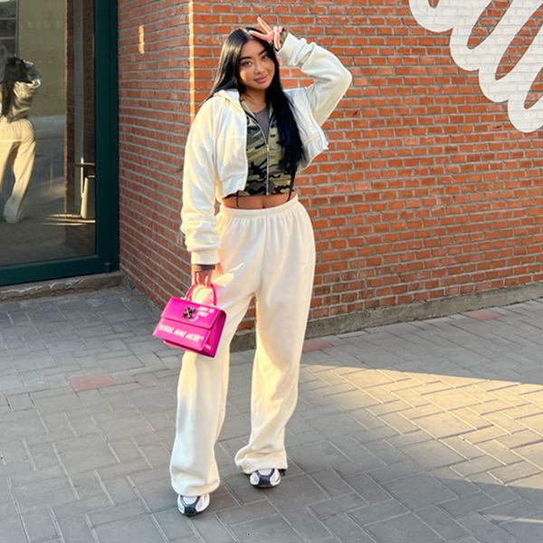 women s two piece pants 4 colors short zippered hoodie sweater wide leg baggy sports set 230224, White
women s two piece pants 4 colors short zippered hoodie sweater wide leg baggy sports set 230224, White