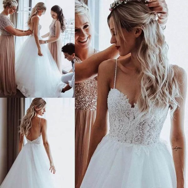 backless applique wedding dresses spaghetti tull modern beach bridal gown a line train wedding dress, White
backless applique wedding dresses spaghetti tull modern beach bridal gown a line train wedding dress, White
