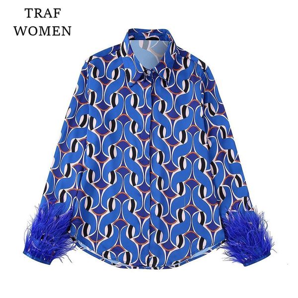women s two piece pants fashion feather decoration printed casual shirts retro temperament female chic button up blouse high waist set 23022, White
women s two piece pants fashion feather decoration printed casual shirts retro temperament female chic button up blouse high waist set 23022, White
