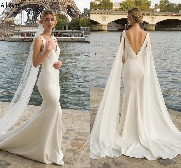 simple satin beach mermaid wedding dresses with wrap v neck sleeveless trumpet bridal gowns sweep train backless boho reception party robes, White
simple satin beach mermaid wedding dresses with wrap v neck sleeveless trumpet bridal gowns sweep train backless boho reception party robes, White