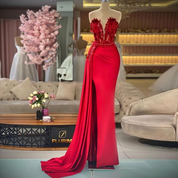 red beaded mermaid prom dresses plunging neckline feathers evening gowns side split sweep train satin overskirt formal dress, Black
red beaded mermaid prom dresses plunging neckline feathers evening gowns side split sweep train satin overskirt formal dress, Black