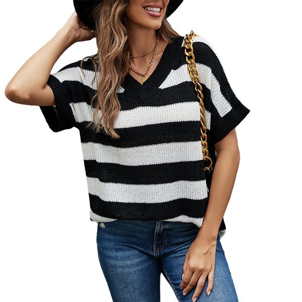 v neck pullover short thin women's sweaters lady contrast color block stripes knits blouse with loose short sleeves side splits spring, White;black
v neck pullover short thin women's sweaters lady contrast color block stripes knits blouse with loose short sleeves side splits spring, White;black