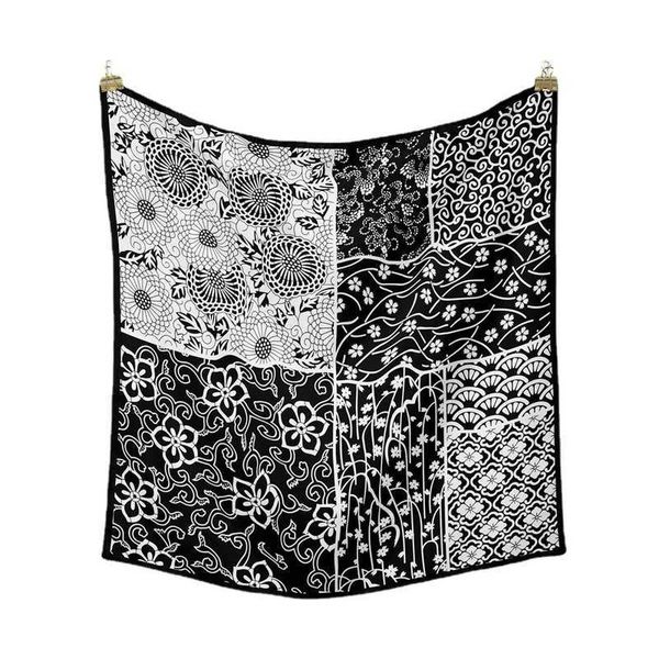 literary retro black and white square scarf thin section silk scarf, Blue;gray 
literary retro black and white square scarf thin section silk scarf, Blue;gray