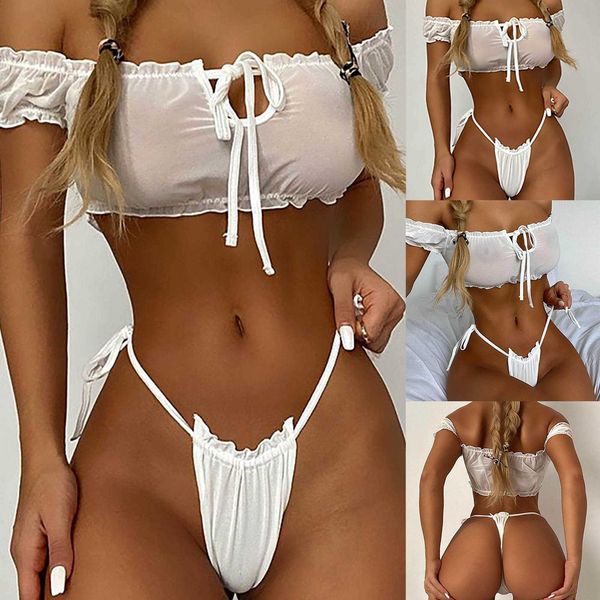 women's swimwear ladies off shoulder tie front crop thong bikini set gauze underwear lingerie set push up bra 2022 z0223, White;black
women's swimwear ladies off shoulder tie front crop thong bikini set gauze underwear lingerie set push up bra 2022 z0223, White;black