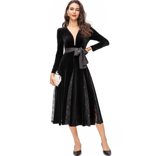 women's runway dresses v neck long sleeves patchwork lace elegant fashion designer mid vestidos, Black
women's runway dresses v neck long sleeves patchwork lace elegant fashion designer mid vestidos, Black