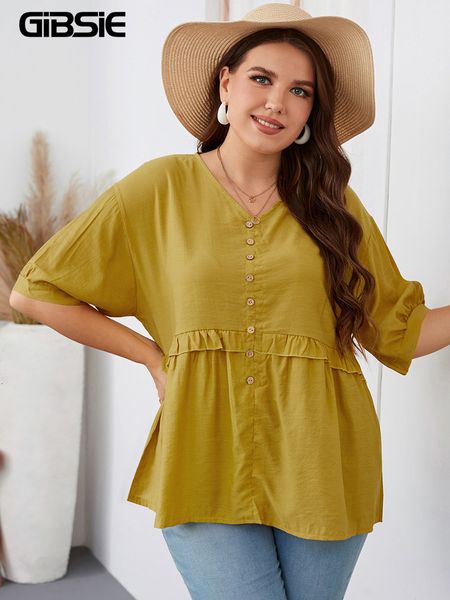 women's plus size t-shirt gibsie plus size solid button front peplum blouse women summer half sleeve korean casual ladies v neck blouse, Black
women's plus size t-shirt gibsie plus size solid button front peplum blouse women summer half sleeve korean casual ladies v neck blouse, Black