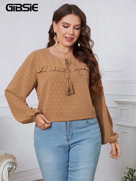 women's plus size t-shirt gibsie plus size swiss dot tassel tie neck frill trim blouse women spring summer sweet casual full lantern sl, Black
women's plus size t-shirt gibsie plus size swiss dot tassel tie neck frill trim blouse women spring summer sweet casual full lantern sl, Black