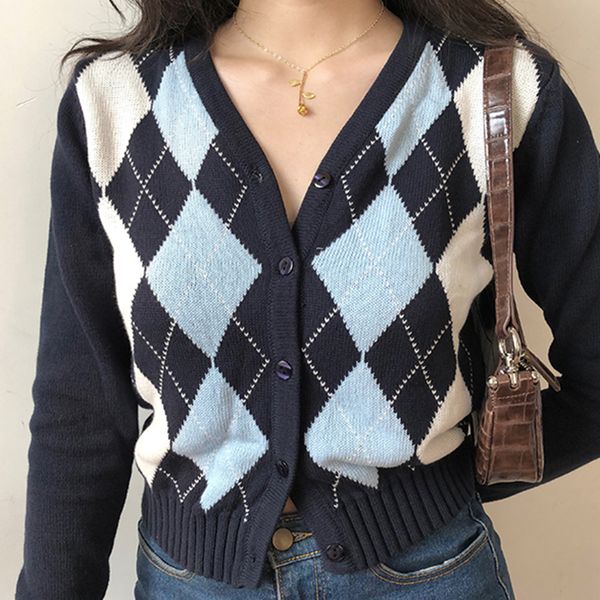 women's knits tees vintage v-neck plaid long sleeve women sweater autumn winter short knitted cardigan sweaters womes england style 23, White
women's knits tees vintage v-neck plaid long sleeve women sweater autumn winter short knitted cardigan sweaters womes england style 23, White