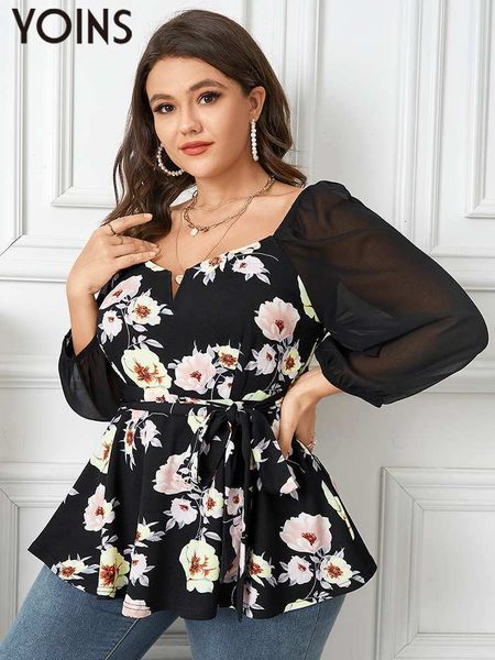 women's plus size t-shirt yoins plus size women blouses fashion mesh long sleeve floral print shirt belt elegant blusas ol work tunic, Black
women's plus size t-shirt yoins plus size women blouses fashion mesh long sleeve floral print shirt belt elegant blusas ol work tunic, Black