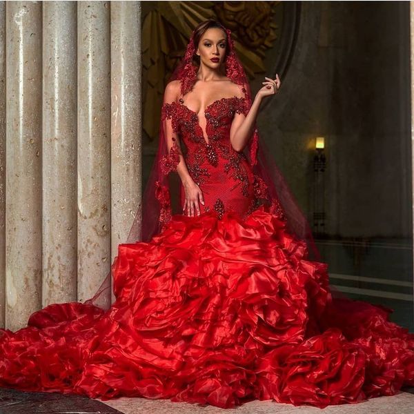 red lace mermaid wedding dresses beaded bridal gowns ruffled tiered train off the shoulder neckline organza plus size vestido de novia, White
red lace mermaid wedding dresses beaded bridal gowns ruffled tiered train off the shoulder neckline organza plus size vestido de novia, White