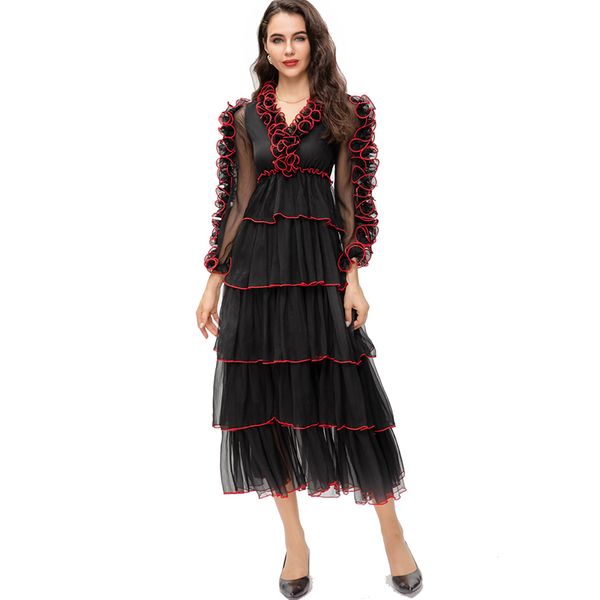 women's runway dresses v neck long sleeves ruffles tiered elegant fashion designer vestidos party prom gown, Black
women's runway dresses v neck long sleeves ruffles tiered elegant fashion designer vestidos party prom gown, Black