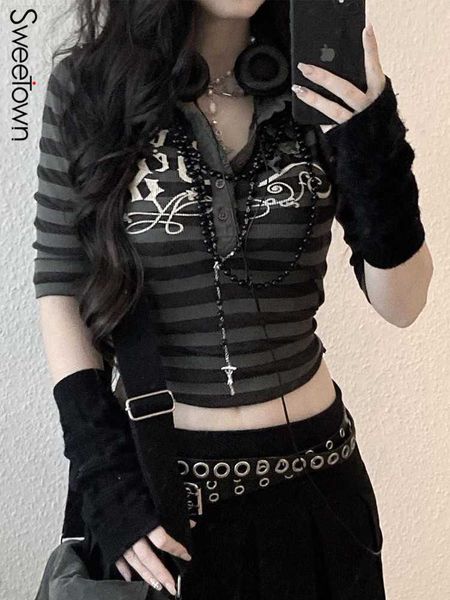 sweetown goth print stripe cute y2k t-shirts dark academia techwear button up v neck half sleeve sweat shirts grunge tees 0225, White
sweetown goth print stripe cute y2k t-shirts dark academia techwear button up v neck half sleeve sweat shirts grunge tees 0225, White