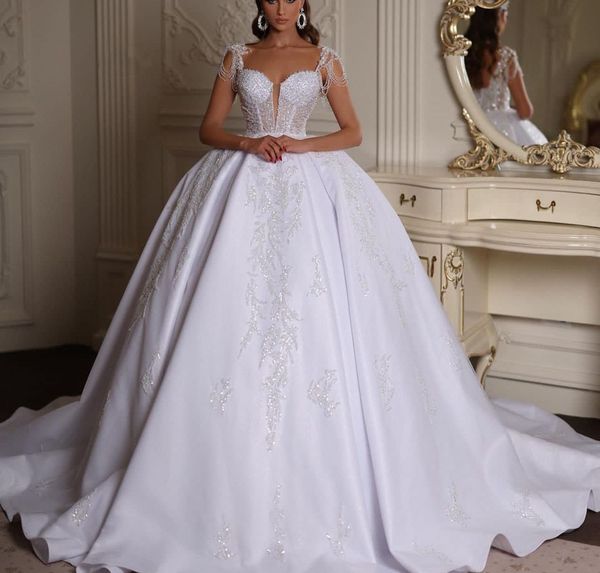 luxury ball gown wedding dresses v neck sleeveless straps sequins 3d lace appliques floor length beaded sparkly ruffles formal dresses gowns, White
luxury ball gown wedding dresses v neck sleeveless straps sequins 3d lace appliques floor length beaded sparkly ruffles formal dresses gowns, White