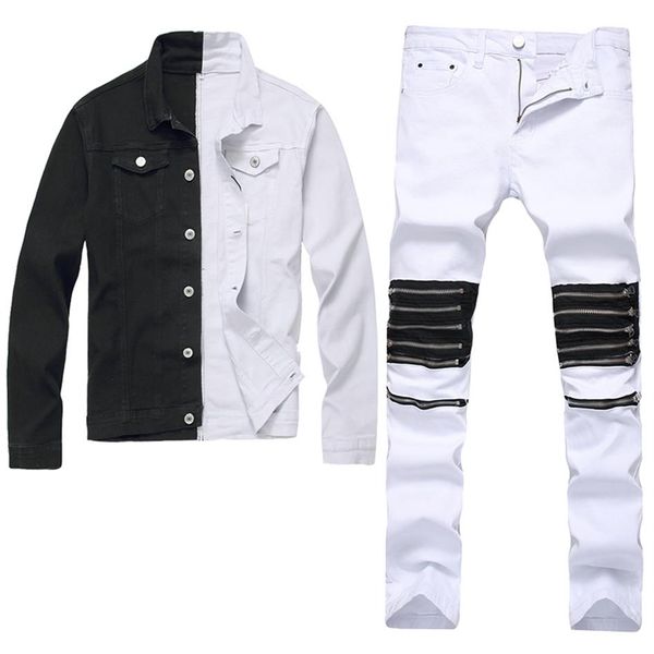 men's slim fit tracksuits denim jacket pants 2pcs set black and white two-color long sleeve coat ripped holes zipper decora308m, Gray
men's slim fit tracksuits denim jacket pants 2pcs set black and white two-color long sleeve coat ripped holes zipper decora308m, Gray
