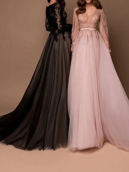 lace evening dresses v-neck long sleeves tulle sweep train nude lining prom gowns, Black;red
lace evening dresses v-neck long sleeves tulle sweep train nude lining prom gowns, Black;red