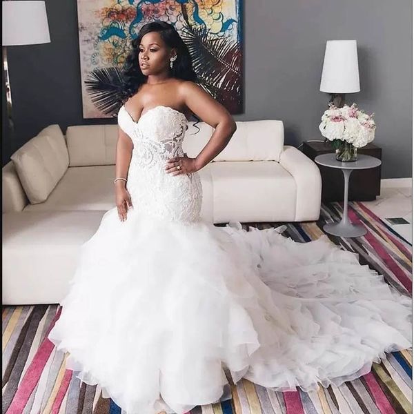sweetheart mermaid wedding dress with long train ruffles lace beaded wedding dresses off illusion bodice plus size mermaid bridal gowns, White
sweetheart mermaid wedding dress with long train ruffles lace beaded wedding dresses off illusion bodice plus size mermaid bridal gowns, White