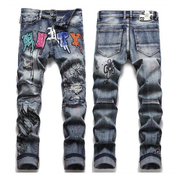 european and american men's jeans autumn and winter vintage fashion print hole patch elastic slim fit pantstrousers gzh3shx121, Blue
european and american men's jeans autumn and winter vintage fashion print hole patch elastic slim fit pantstrousers gzh3shx121, Blue