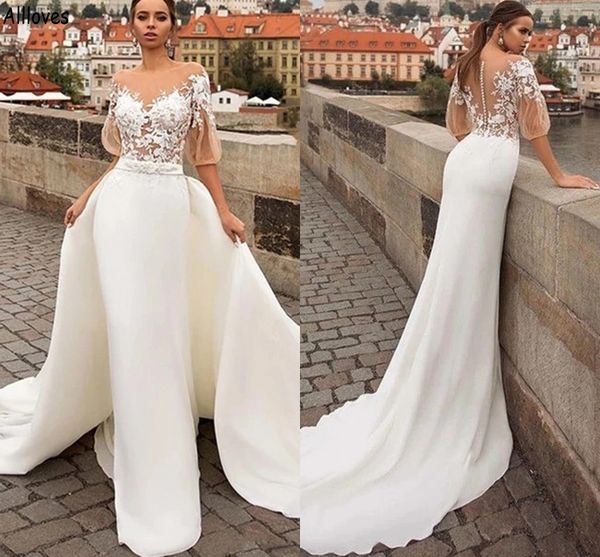 boho beach mermaid wedding dresses with detachable train sheer neck lace appliqued satin bridal gowns half sleeves buttons back illusion rob, White
boho beach mermaid wedding dresses with detachable train sheer neck lace appliqued satin bridal gowns half sleeves buttons back illusion rob, White