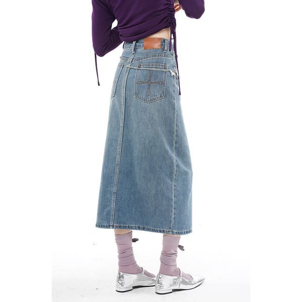 skirts spring women blue denim half body high waist slit casual korean mid length baggy vintage straight female long 230225, Black 
skirts spring women blue denim half body high waist slit casual korean mid length baggy vintage straight female long 230225, Black