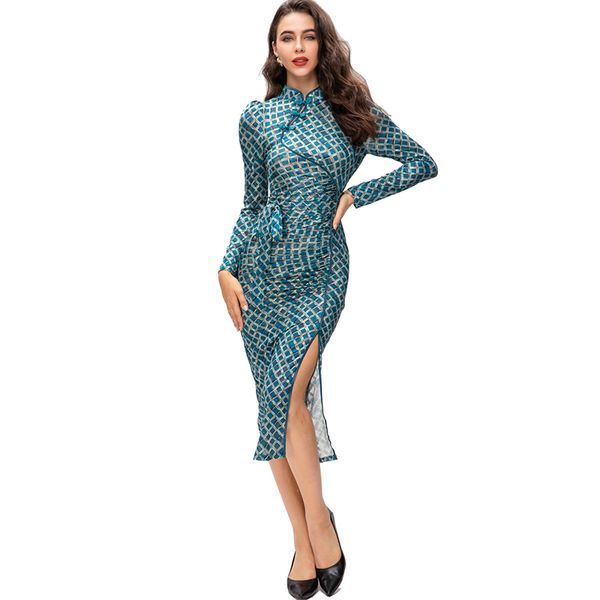 women's runway dresses mandrin collar long sleeves plaid printed split elegant chinese style qipao vestidos, Black
women's runway dresses mandrin collar long sleeves plaid printed split elegant chinese style qipao vestidos, Black