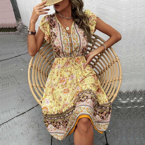 womens summer v neck dresses petal sleeve bohemian collar printed dress, Black;gray
womens summer v neck dresses petal sleeve bohemian collar printed dress, Black;gray
