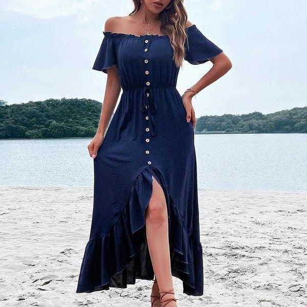 summer solid color off shoulder dress ruffled irregular blue, Black;gray
summer solid color off shoulder dress ruffled irregular blue, Black;gray