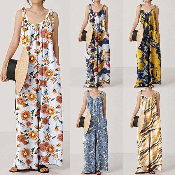 summer womens printed sling loose casual polyester jumpsuit, Black;white 
summer womens printed sling loose casual polyester jumpsuit, Black;white
