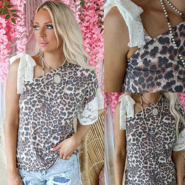summer leopard print shirts off shoulder short sleeve womens top, White