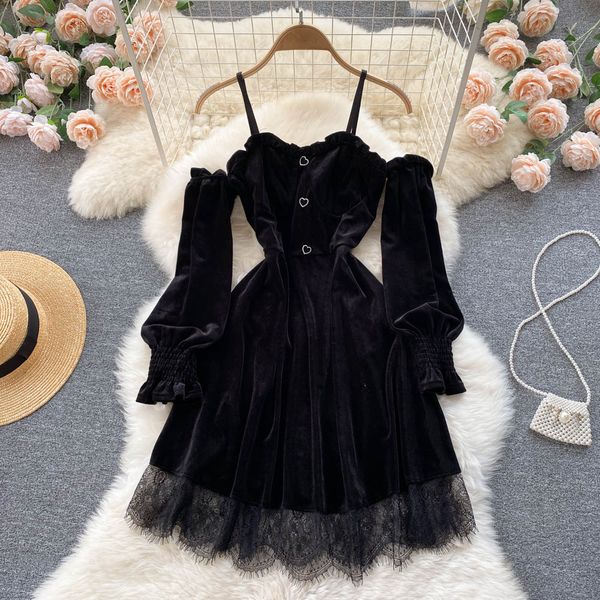 off shoulder suspender casual dresses velvet dress women autumn temperament waist lace patchwork vestidos slim dresses 2023, Black;gray
off shoulder suspender casual dresses velvet dress women autumn temperament waist lace patchwork vestidos slim dresses 2023, Black;gray
