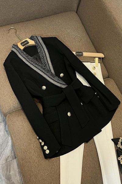 business suits blazer women's classic designer jacket women's sheet metal beaded belt shawl collar suit coat b1002, White;black
business suits blazer women's classic designer jacket women's sheet metal beaded belt shawl collar suit coat b1002, White;black