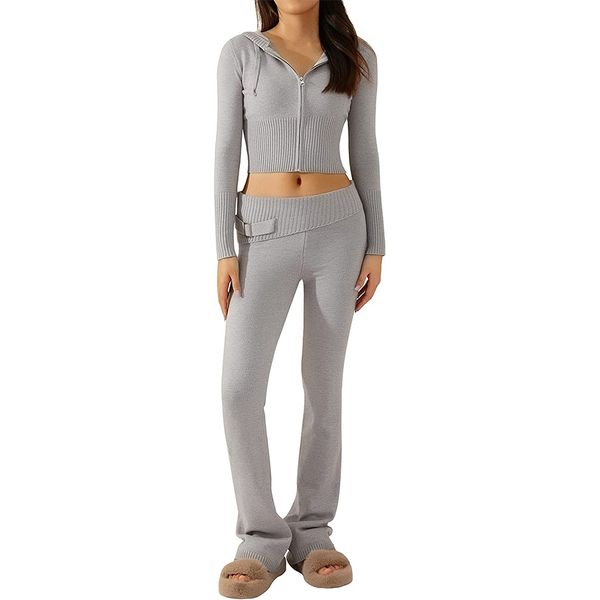 women ribbed knit two piece pants outfits slim long sleeve zip up hooded high waist wide leg skinny pants set loungewear, White
women ribbed knit two piece pants outfits slim long sleeve zip up hooded high waist wide leg skinny pants set loungewear, White