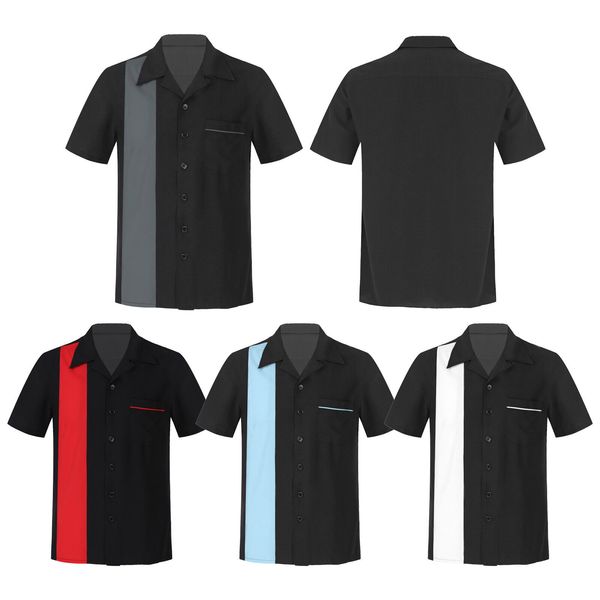 men short sleeve button down bowling shirts hawaiian beach colorblock shirt, White;black
men short sleeve button down bowling shirts hawaiian beach colorblock shirt, White;black