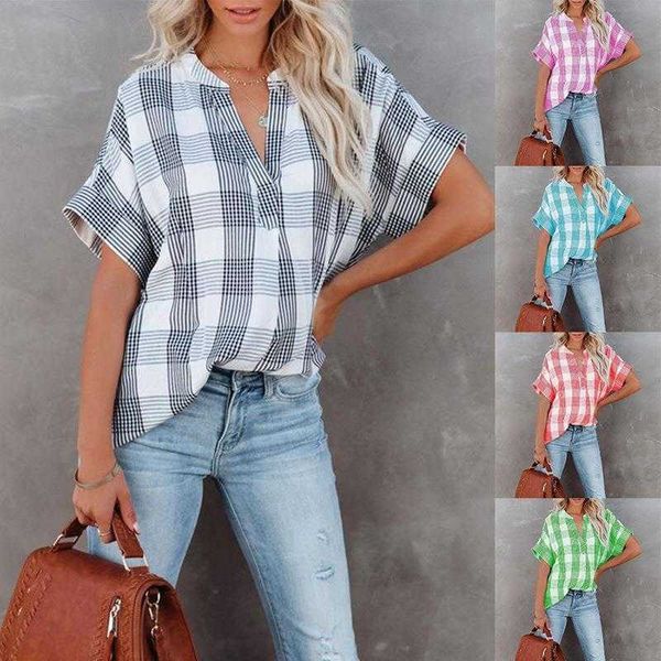 21 autumn short sleeve plaid shirt fashion printed v neck loose casual womens top, White
21 autumn short sleeve plaid shirt fashion printed v neck loose casual womens top, White