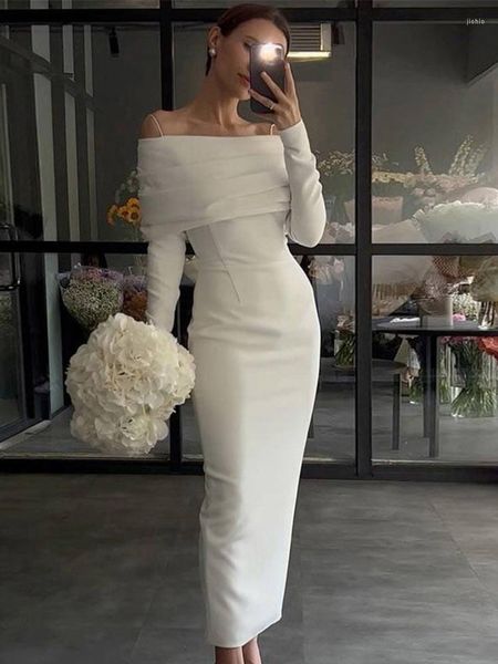 

Casual Dresses White Off Shoulder Long Sleeve Dress Women Elegant Folds Slim Female Fashion French Solid Color