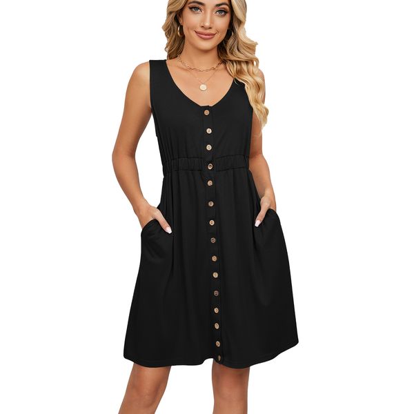 summer women casual dresses a-line sleeveless button down elastic waist swing mini dress with pocket, Black;gray
summer women casual dresses a-line sleeveless button down elastic waist swing mini dress with pocket, Black;gray