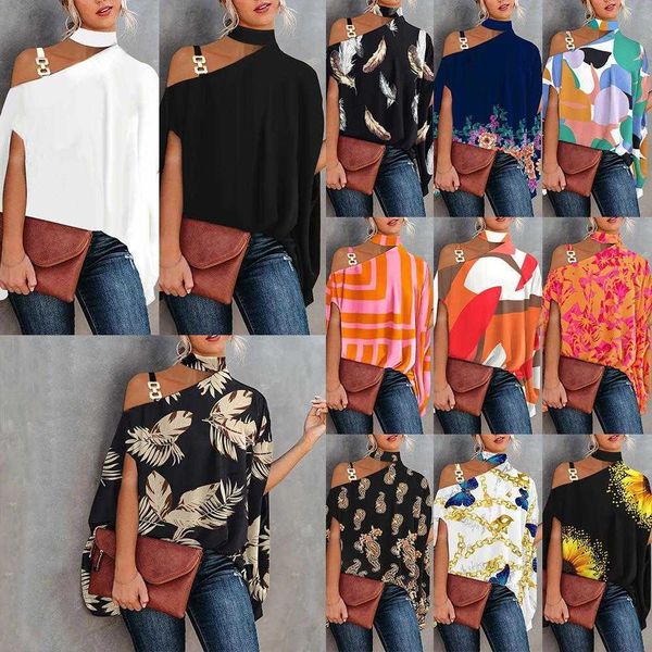 summer womens clothing printed blouses diagonal collar loose top, White 
summer womens clothing printed blouses diagonal collar loose top, White