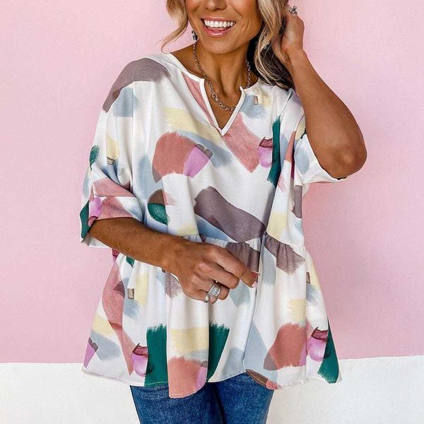 summer printed blouses v neck five quarter sleeve loose casual womens t shirt, White
summer printed blouses v neck five quarter sleeve loose casual womens t shirt, White
