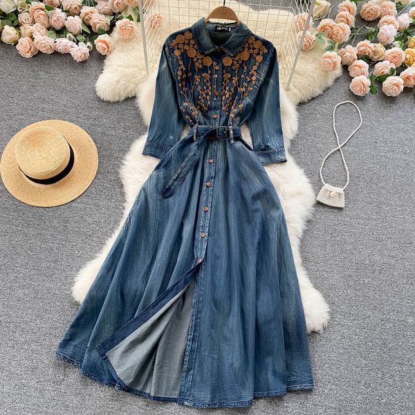 vintage maxi woman dress heavy embroidery temperament robe women's single breasted denim dress fashion 2023 vestidos de mujer, Black;gray
vintage maxi woman dress heavy embroidery temperament robe women's single breasted denim dress fashion 2023 vestidos de mujer, Black;gray