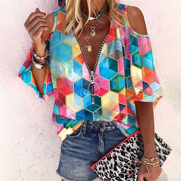 summer printed shirt v neck zipper off shoulder loose casual, White