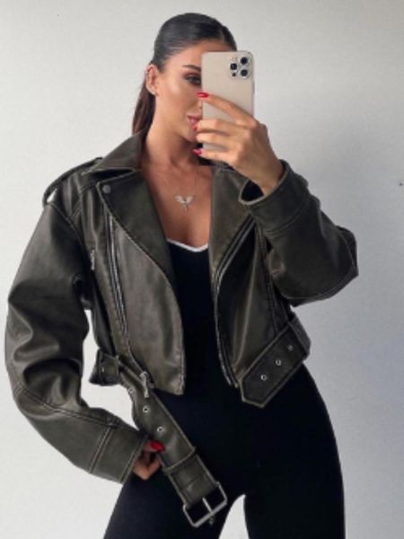 women s jackets washed leather belt women vintage turn down collar gradient zipper short coat female fashion casual chic 230225, Black;brown
women s jackets washed leather belt women vintage turn down collar gradient zipper short coat female fashion casual chic 230225, Black;brown