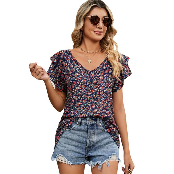 women shirts print floral blouses v neck ruffled cap short sleeve summer casual loose top, White
women shirts print floral blouses v neck ruffled cap short sleeve summer casual loose top, White
