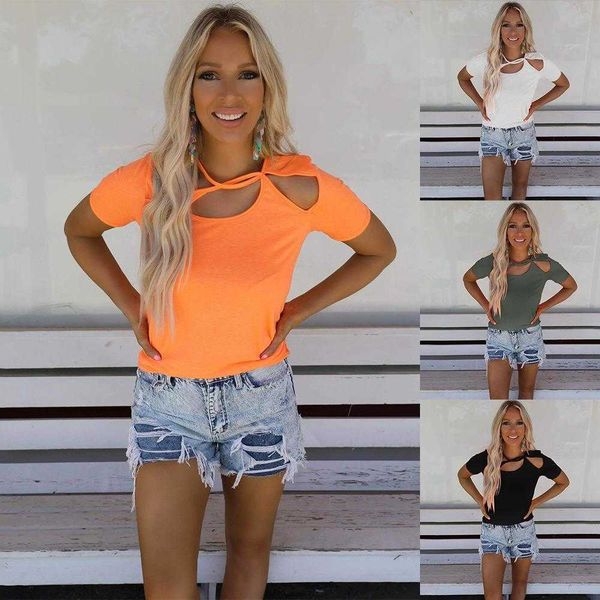 summer womens fashion solid color shirts round neck strap short sleeved casual t, White
summer womens fashion solid color shirts round neck strap short sleeved casual t, White